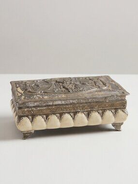 Vintage Japan Footed Silver Tone Colonial Scene Red Lined Jewelry Trinket Box